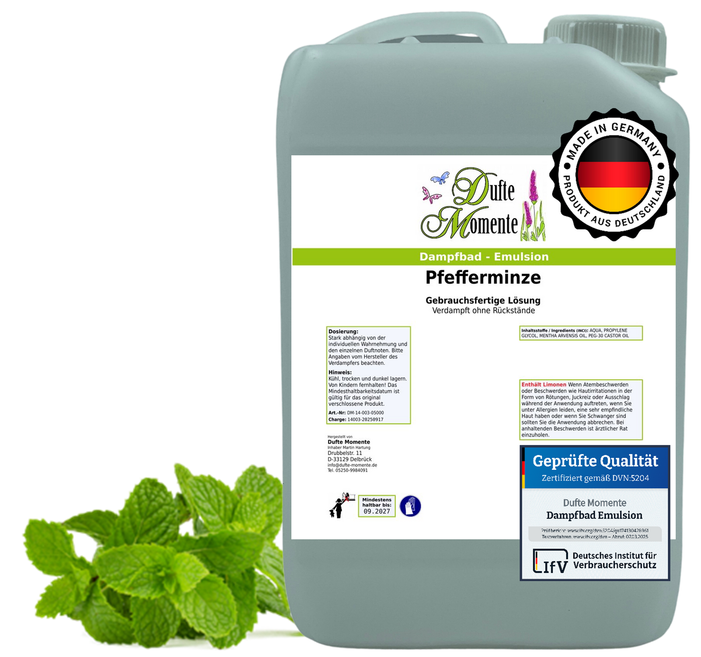 Dampfbad-Emulsion Pfefferminz | Gebrauchsfertig & DVN-Zertifiziert für Dein Home-Spa | 3L, 5L, 10L