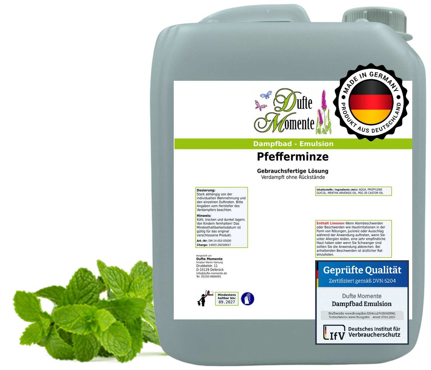 Dampfbad-Emulsion Pfefferminz | Gebrauchsfertig & DVN-Zertifiziert für Dein Home-Spa | 3L, 5L, 10L