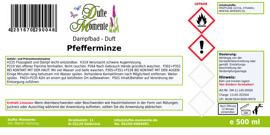 Dampfbadduft Konzentrat Etikett 500 ml Pfefferminze