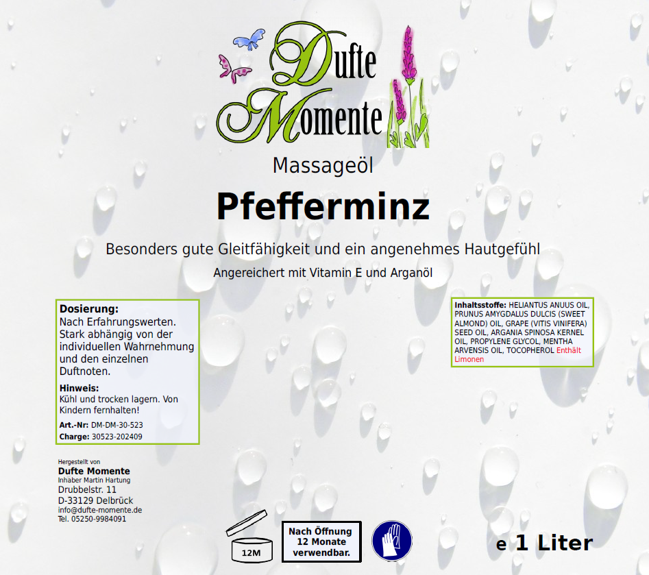 Massageöl-Etikett 1 Liter Pfefferminz