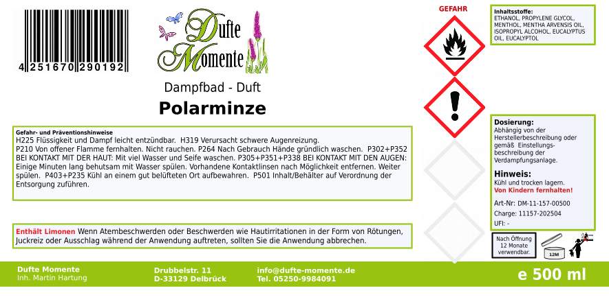 Dampfbadduft Konzentrat Etikett 500 ml Ploarminze