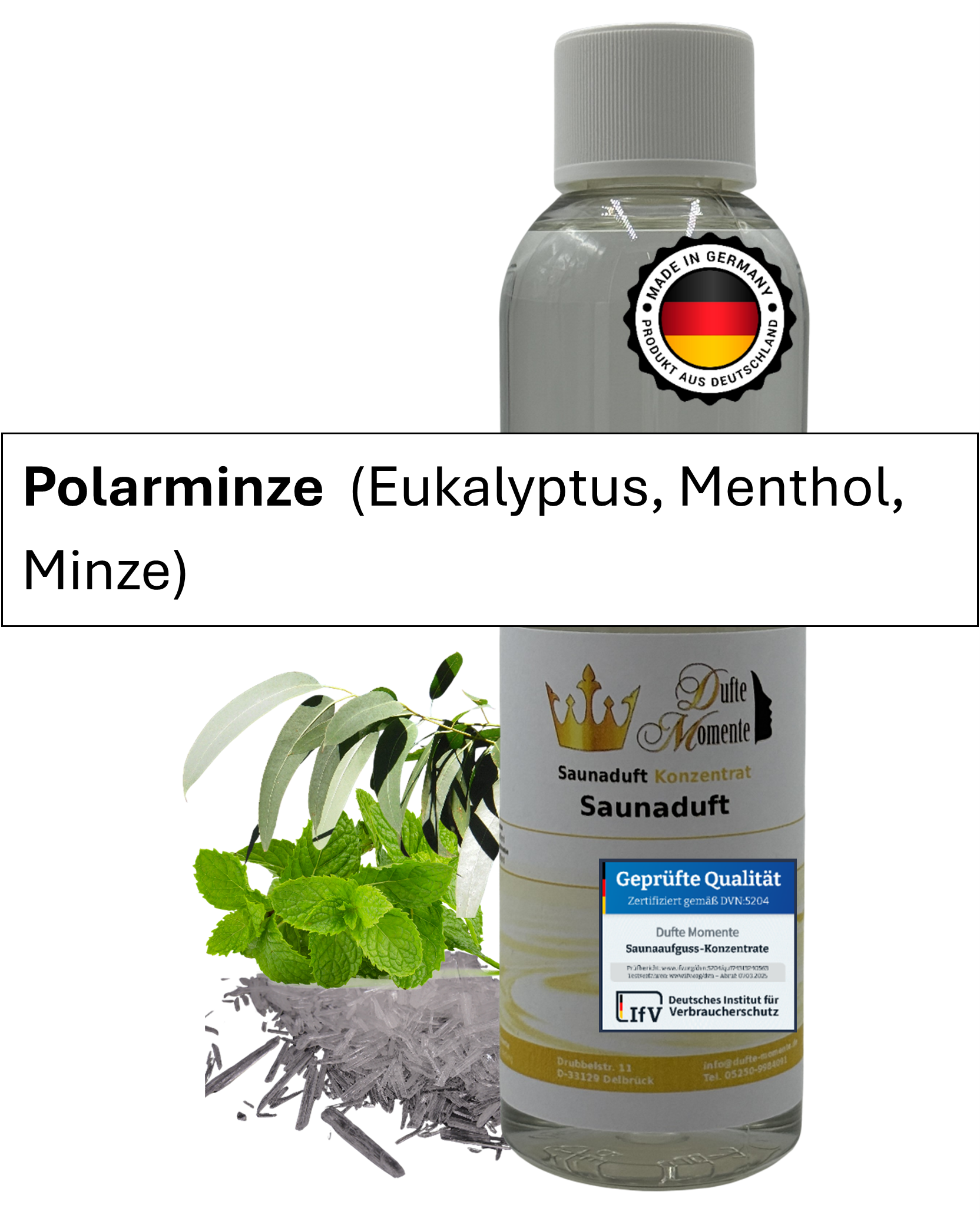 Saunaduft Polarminze in 250ml Flasche mit Duftbestandteilen und Duftbanner