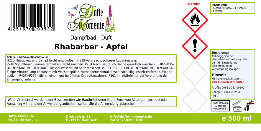 Dampfbadduft Konzentrat Etikett 500 ml Rhabarber - Apfel