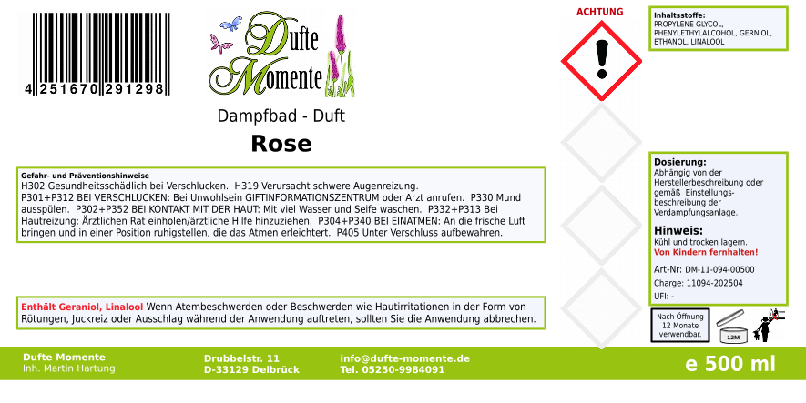 Dampfbadduft Konzentrat Etikett 500 ml Rose