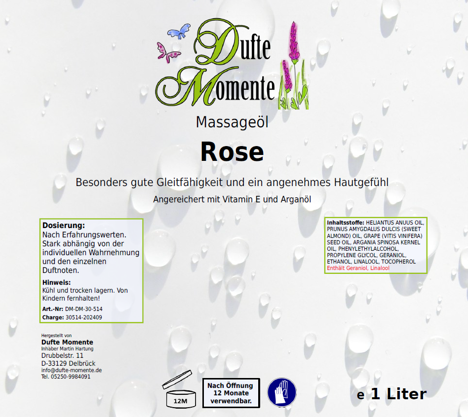 Massageöl-Etikett 1 Liter Rose