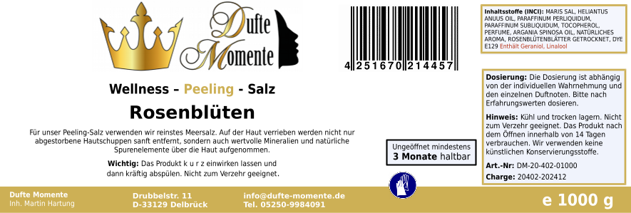Rose - 1 kg Salz Körperpeeling, mit BIO-Meersalz