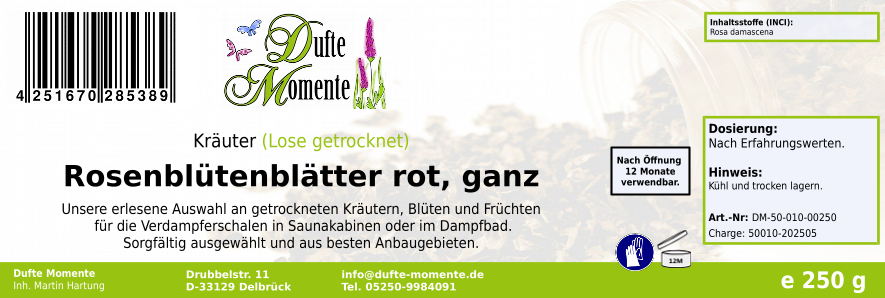Getrocknete Kräuter Etikett 250g Rosenblüten rot, ganz