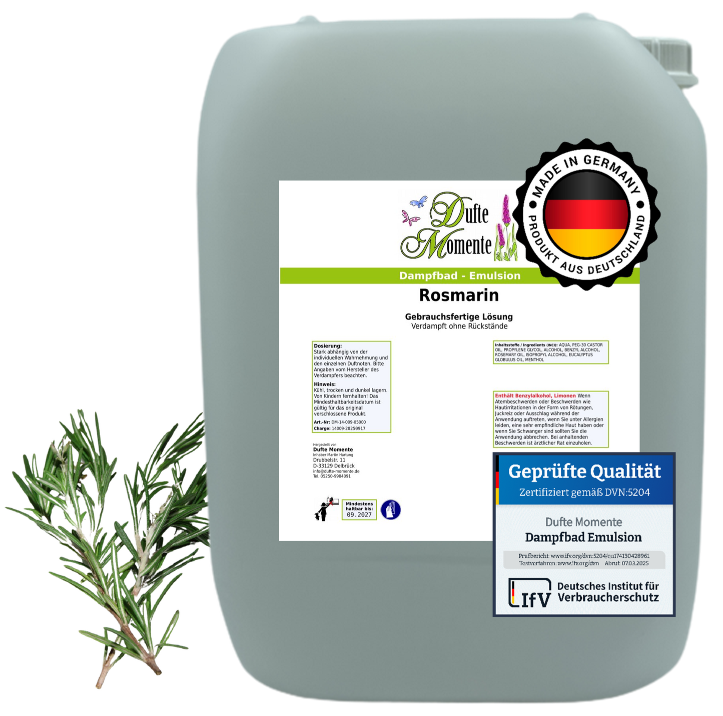 Dampfbad-Emulsion Rosmarin | Gebrauchsfertig & DVN-Zertifiziert für Dein Home-Spa | 3L, 5L, 10L