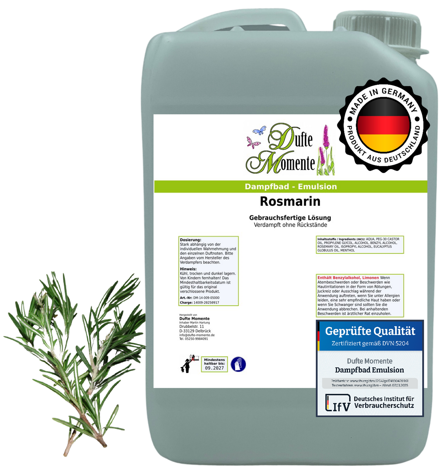 Dampfbad-Emulsion Rosmarin | Gebrauchsfertig & DVN-Zertifiziert für Dein Home-Spa | 3L, 5L, 10L