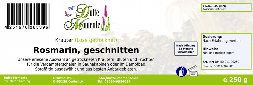 Getrocknete Kräuter Etikett 250g Rosmarin geschnitten