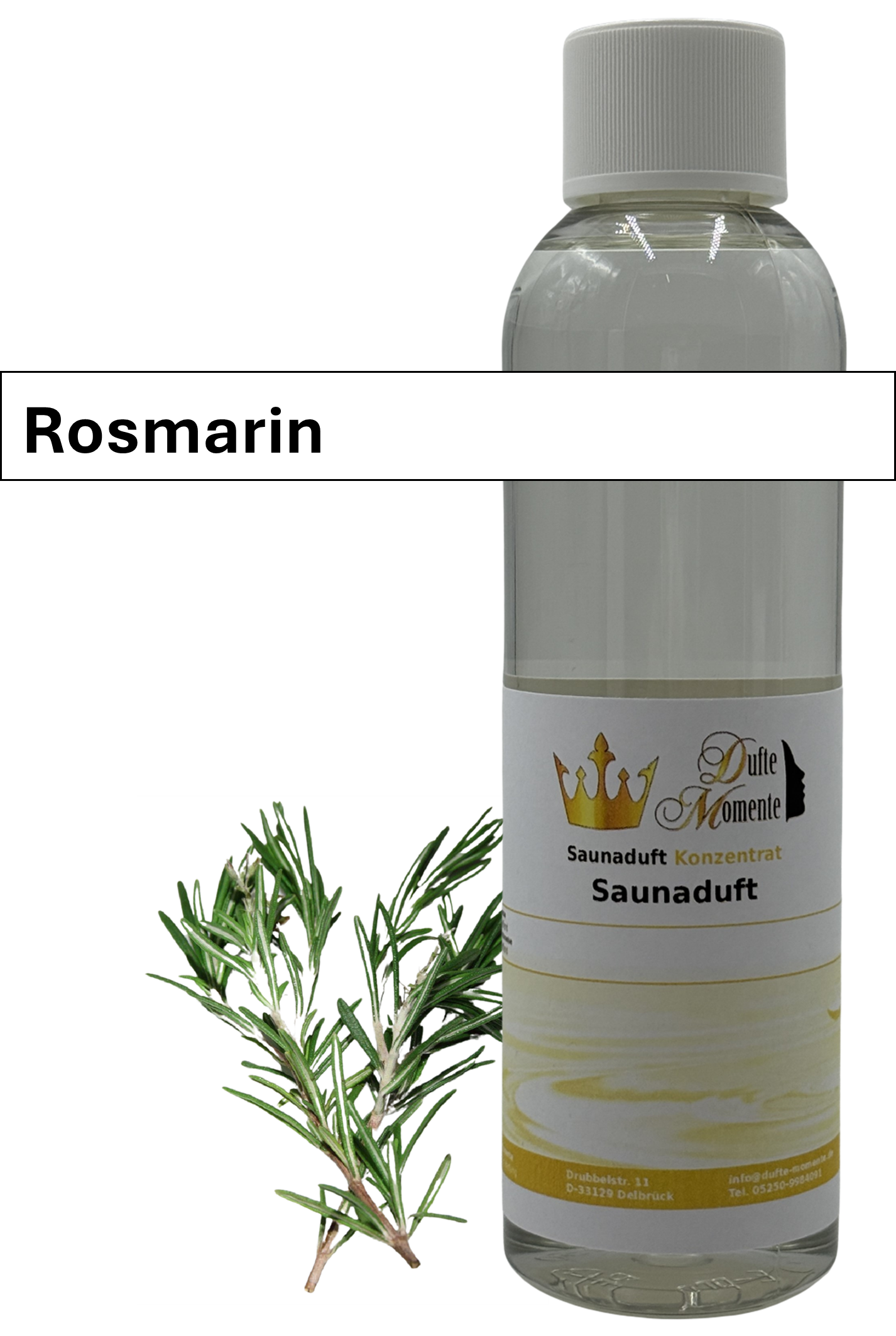 Saunaaufguss Rosmarin in 250ml Flasche mit Duftbanner