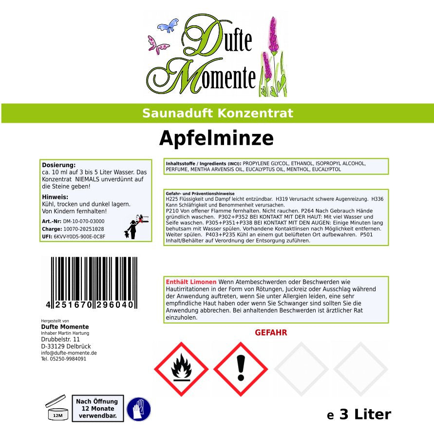 Saunaduft Etikett 3 Liter Apfelminze