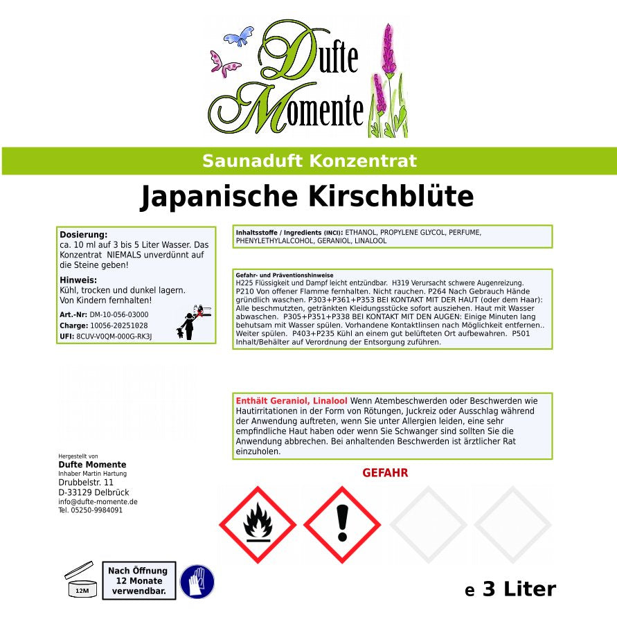 Japanische Kirschblüte Saunaduft Etikett 3 Liter