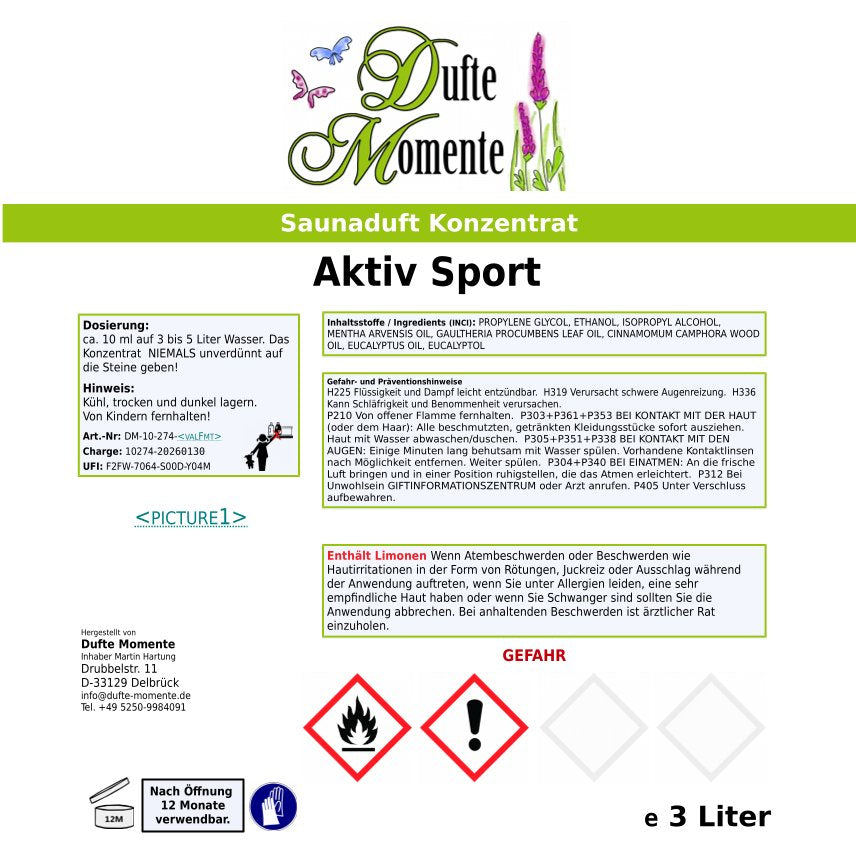 Saunaduft Etikett Aktiv Sport 3 Liter
