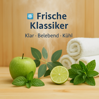 Frische Klassiker auf Saunaholzoptik mit Abbildung von Duftbestandteilen