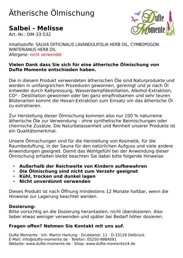 Salbei-Melisse - ätherische Ölmischung, naturrein