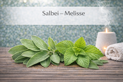 Ätherische Ölmischung Salbei Melisse mit Salbei und Melisse in Wellness Atmosphäre