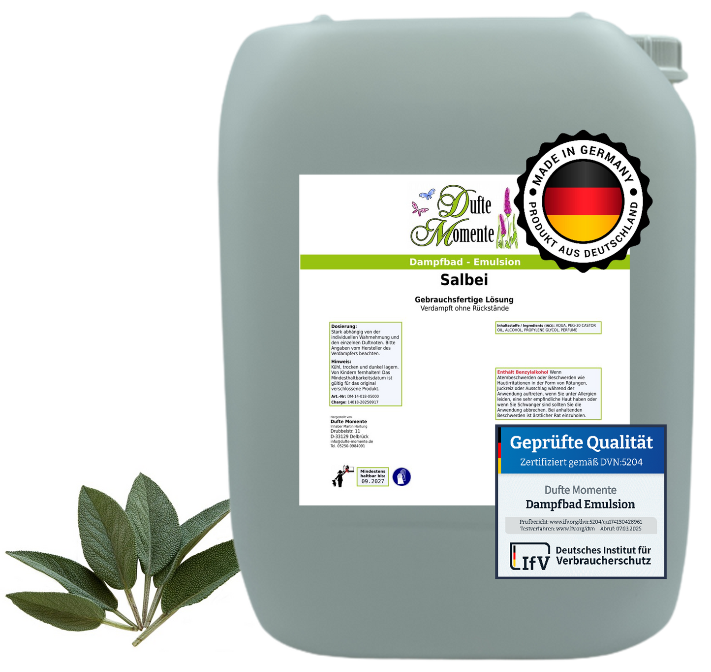 Dampfbad-Emulsion Salbei | Gebrauchsfertig & DVN-Zertifiziert für Dein Home-Spa | 3L, 5L, 10L