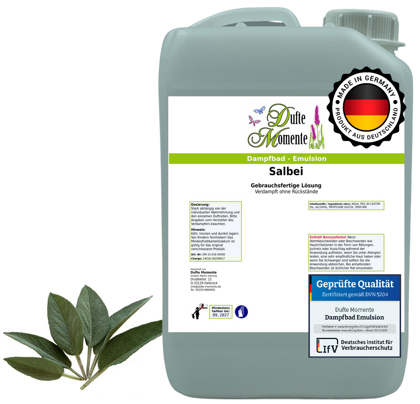 Dampfbad-Emulsion Salbei | Gebrauchsfertig & DVN-Zertifiziert für Dein Home-Spa | 3L, 5L, 10L