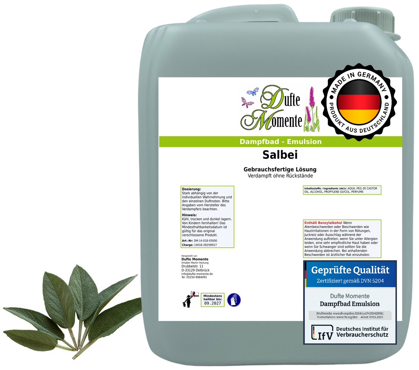 Dampfbad-Emulsion Salbei | Gebrauchsfertig & DVN-Zertifiziert für Dein Home-Spa | 3L, 5L, 10L