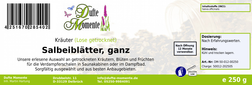 Getrocknete Kräuter Etikett 250g Salbeiblätter ganz