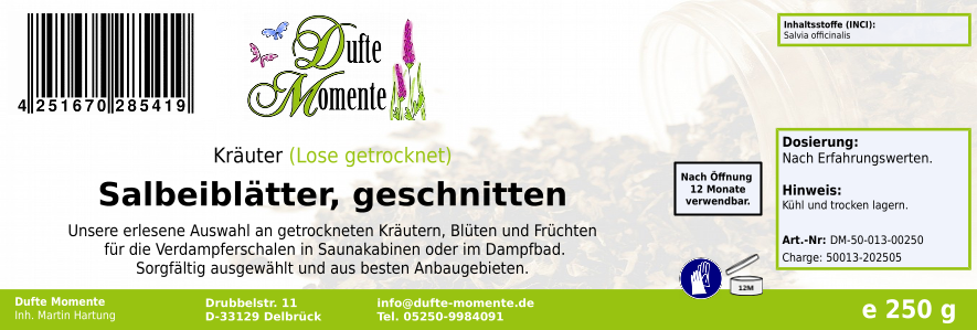 Getrocknete Kräuter Etikett 250g Salbeiblätter geschnitten