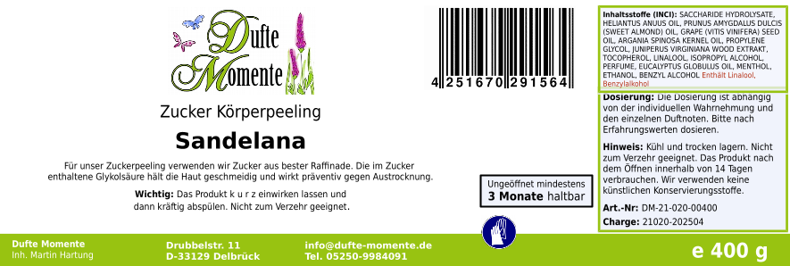 Sandelana (Sandelholz) - 400g Zucker Körperpeeling, für empfindliche Haut