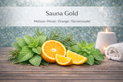 Sauna Gold (Melisse, Minze, Orange, Tannennadel) - ätherische Ölmischung, naturrein