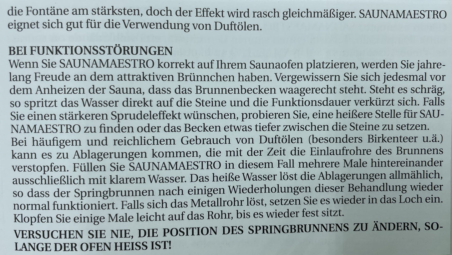 Beipackzettel für Saunamaestro-Springbrunnen wie im Artikeltext