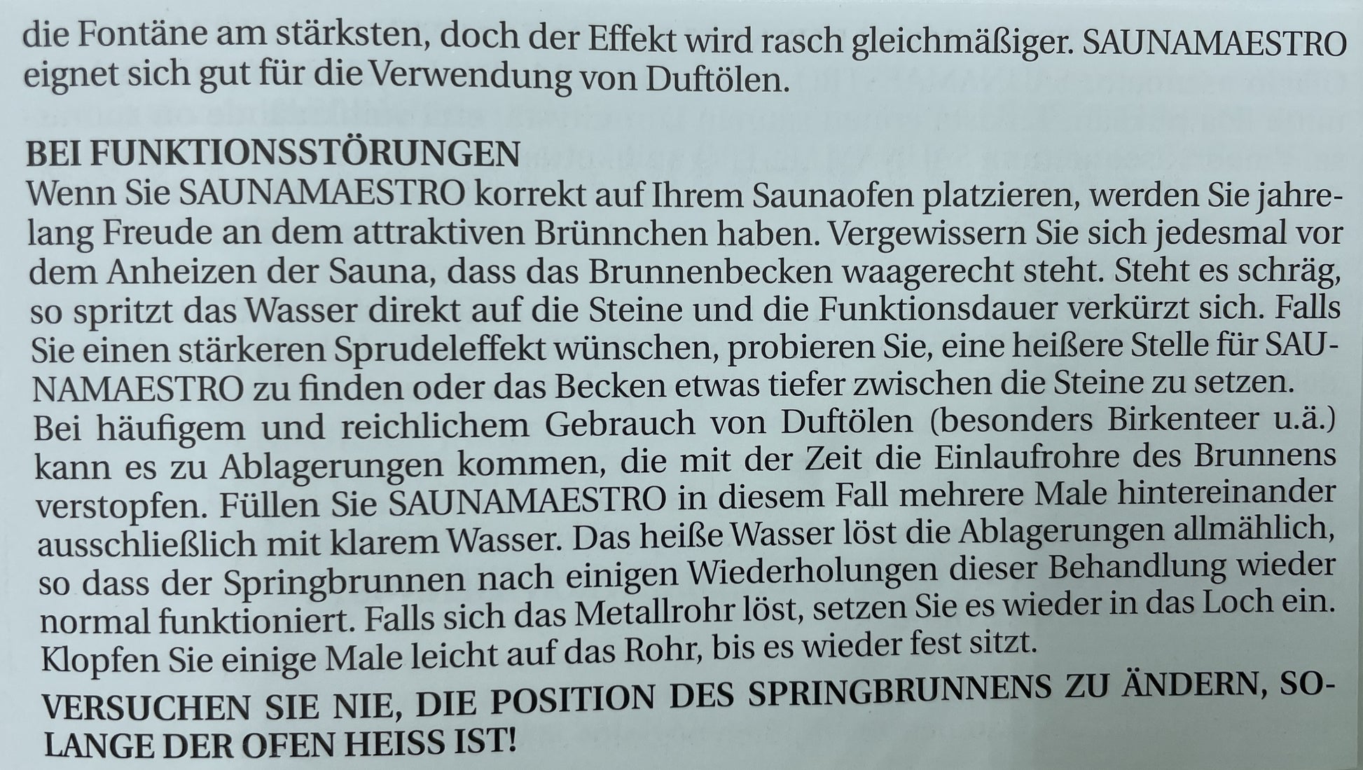 Beipackzettel für Saunamaestro-Springbrunnen wie im Artikeltext