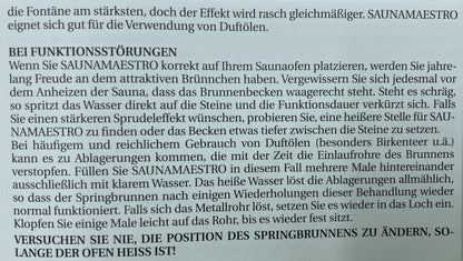 Beipackzettel für Saunamaestro-Springbrunnen wie im Artikeltext