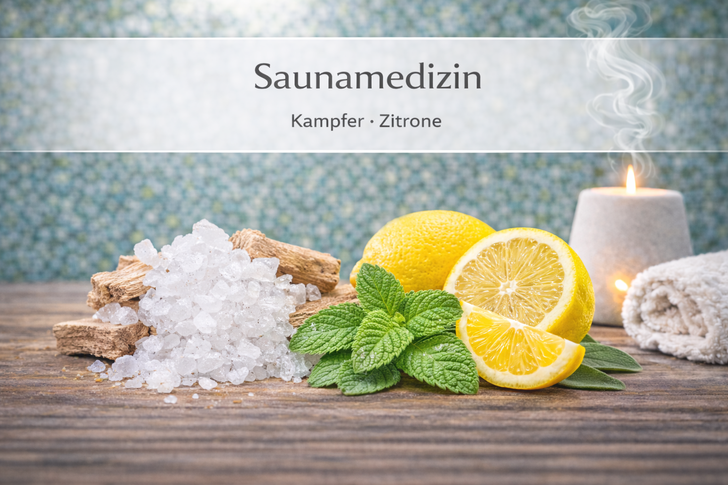 Ätherische Ölmischung Saunamedizin mit Kampfer und Zitrone in Wellness Atmosphäre