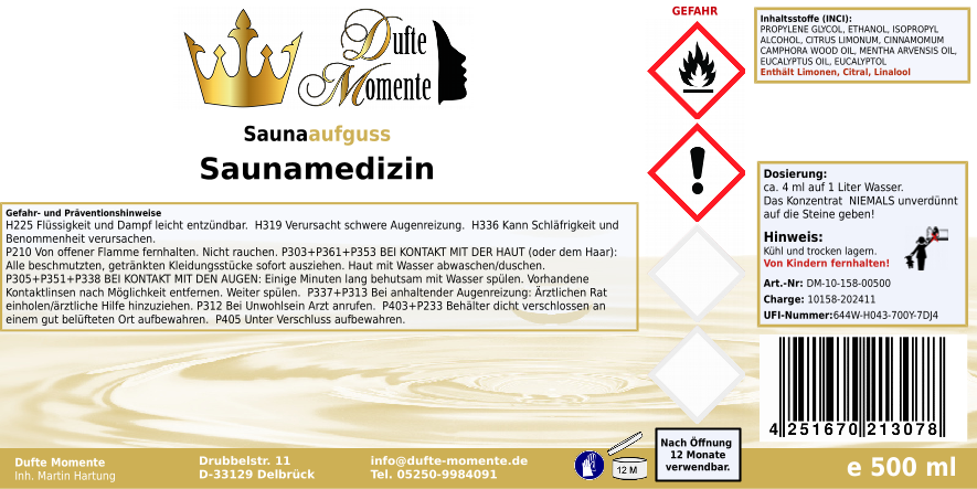 Saunaduft Konzentrat 500 ml Etikett Saunamedizin