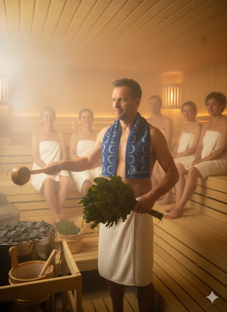 Saunameister trägt Saunaschal während Zeremonie