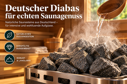 Deutsche Diabas-Saunasteine im Saunaofen beim Aufguss