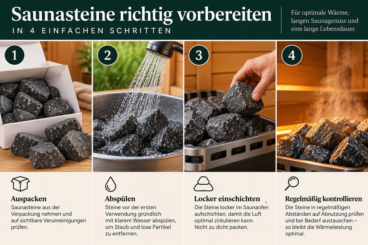 Saunasteine vorbereiten – abspülen, locker einschichten und kontrollieren