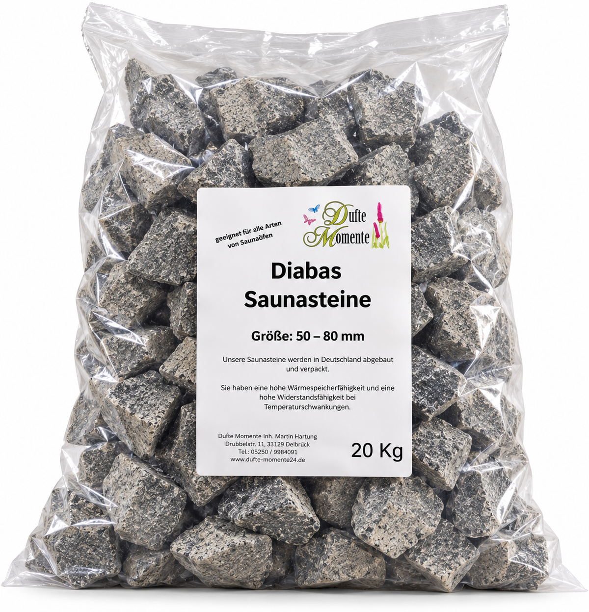 20 kg Diabas-Saunasteine aus Deutschland in Körnung 50–80 mm