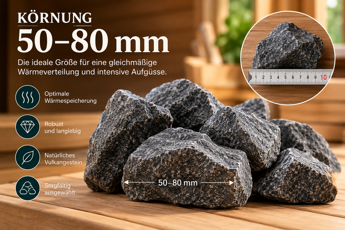 Diabas-Saunasteine in Körnung 50–80 mm für Saunaöfen