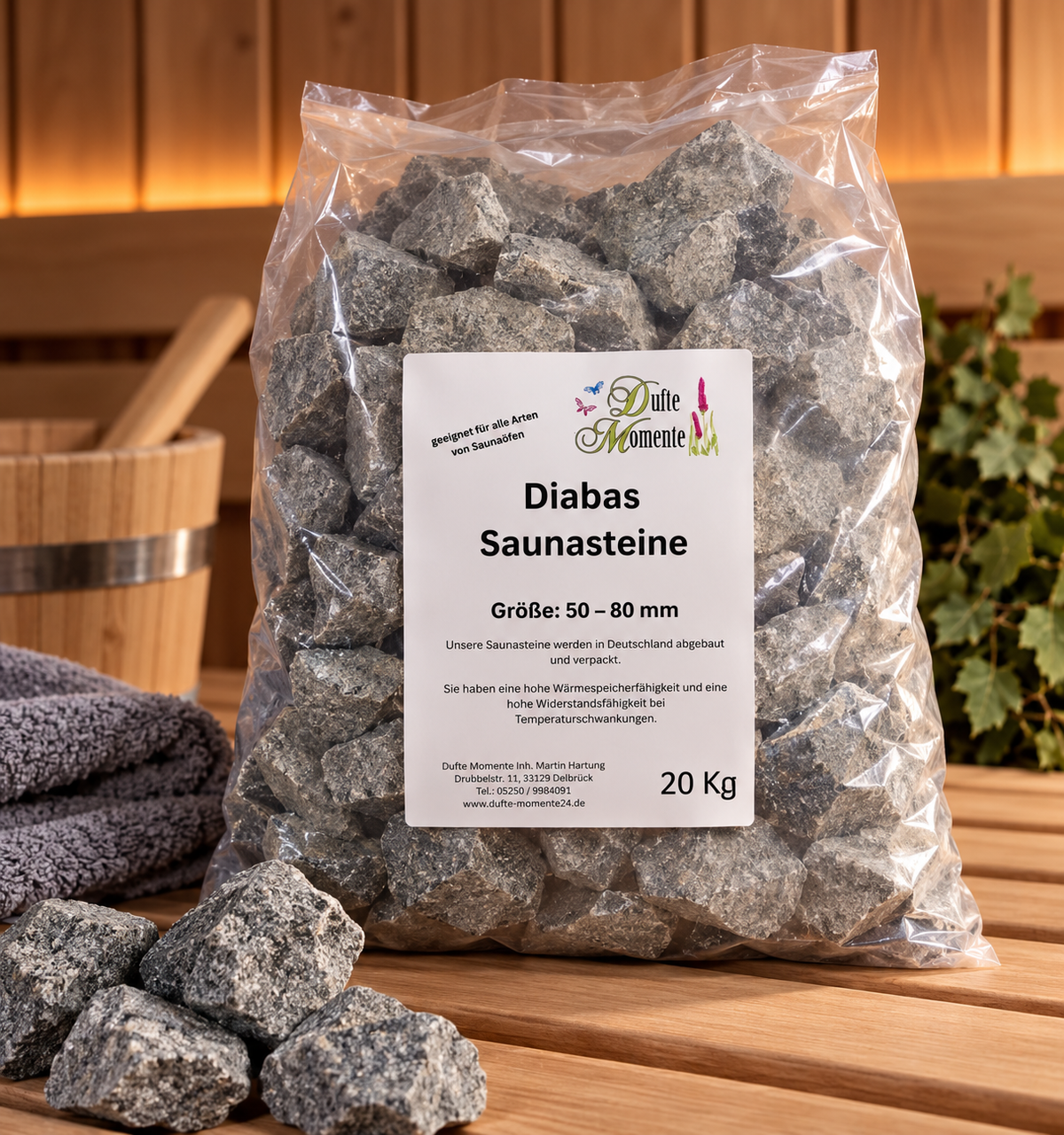 20 kg Diabas-Saunasteine 50–80 mm in der Sauna