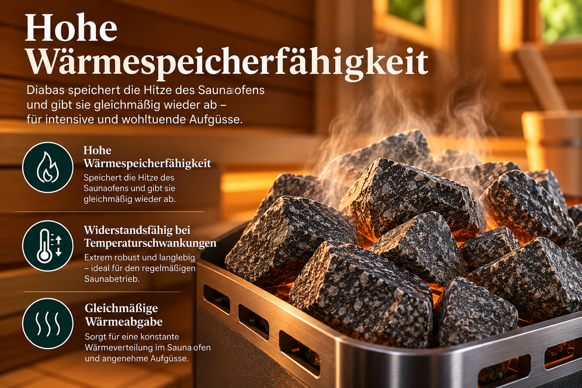 Diabas-Saunasteine mit hoher Wärmespeicherfähigkeit im Saunaofen