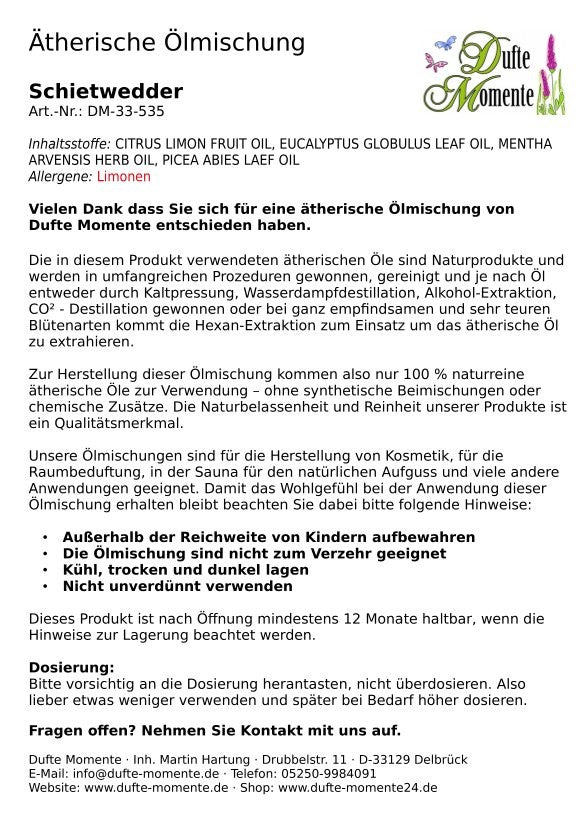 Schietwedder (Eukalyptus, Fichtennadel, Minze, Zitrone) - ätherische Ölmischung, naturrein