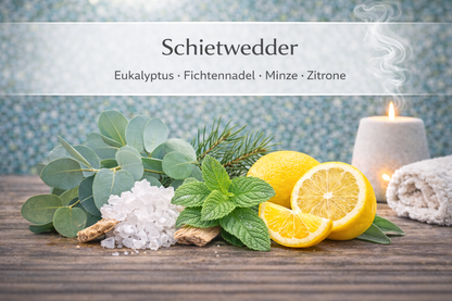 Ätherische Ölmischung Schietwedder mit Eukalyptus und Minze in Wellness Atmosphäre