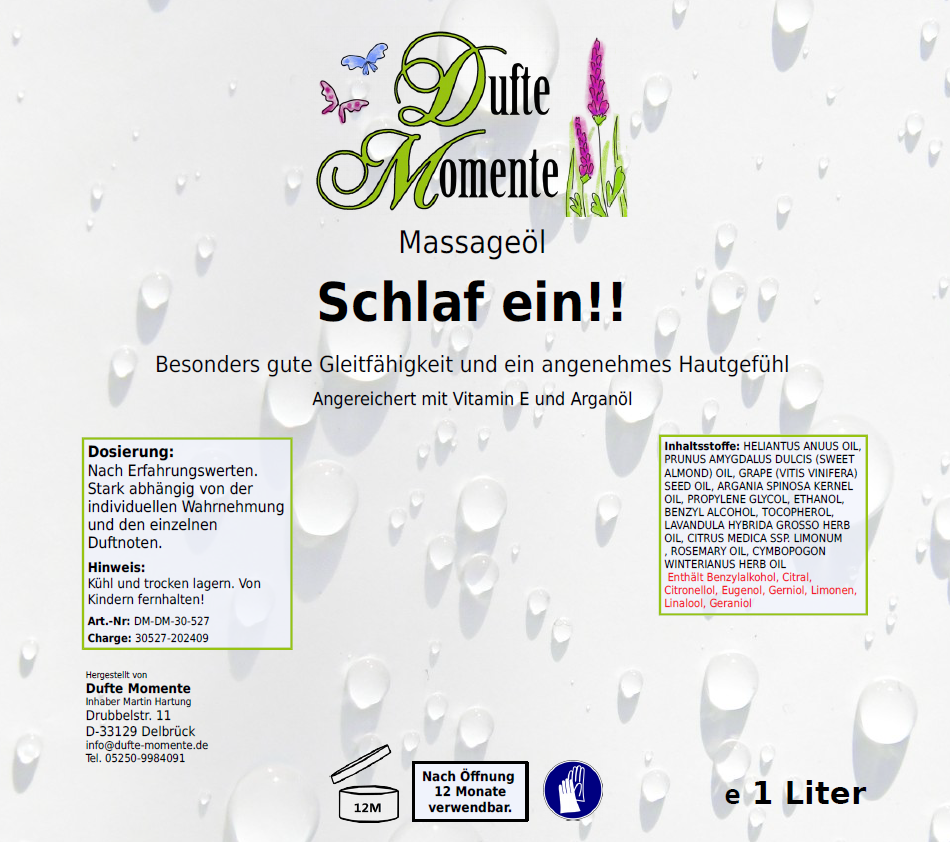 Massageöl-Etikett 1 Liter Schlaf ein!!