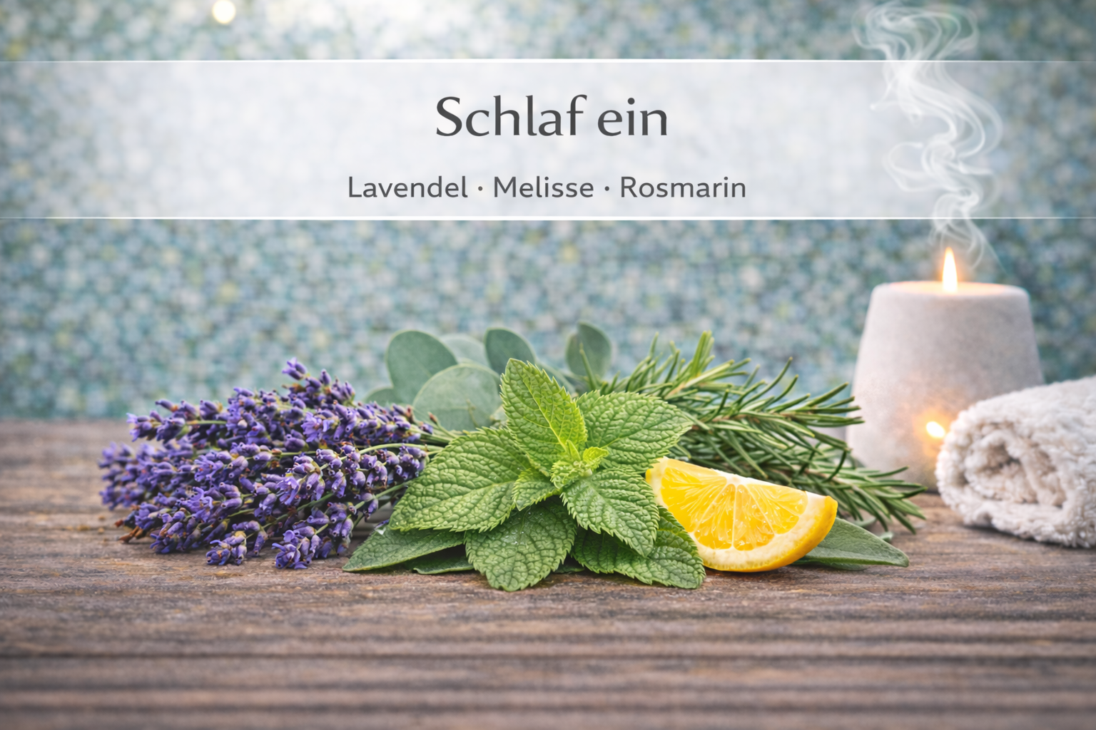 Ätherische Ölmischung Schlaf ein mit Lavendel und Melisse in Wellness Atmosphäre