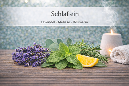 Ätherische Ölmischung Schlaf ein mit Lavendel und Melisse in Wellness Atmosphäre