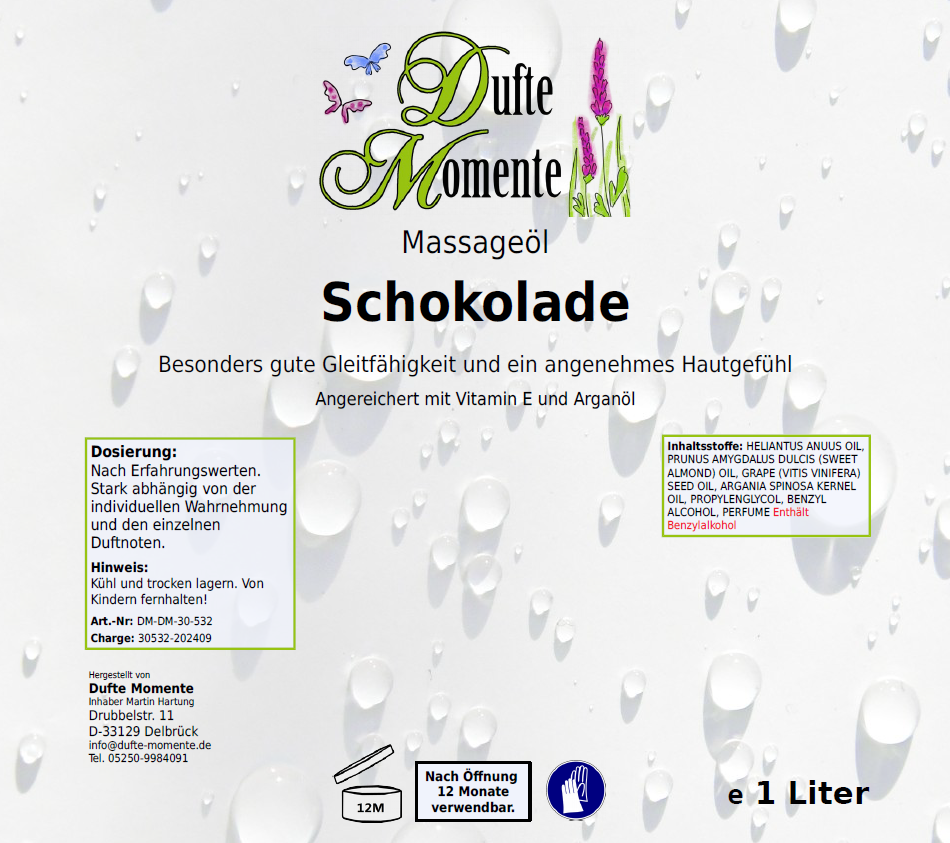 Massageöl-Etikett 1 Liter Schokolade