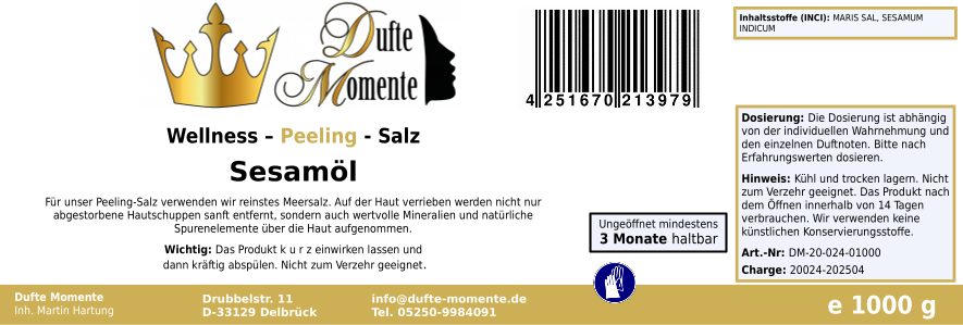 Sesamöl - 1 kg Salz Körperpeeling, mit BIO-Meersalz