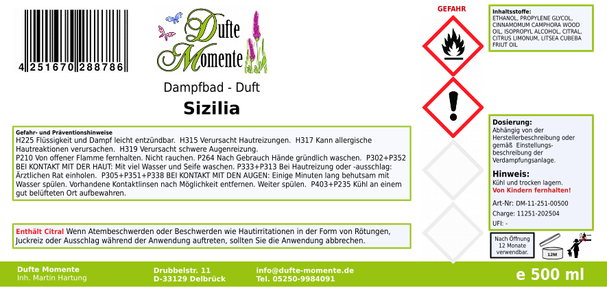 Dampfbadduft Konzentrat Etikett 500 ml Sizilia