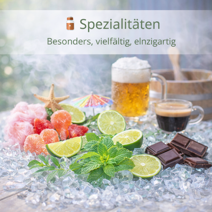 Moodbild Spezialitäten mit visualisierten Inhaltsstoffen und Saunaelementen
