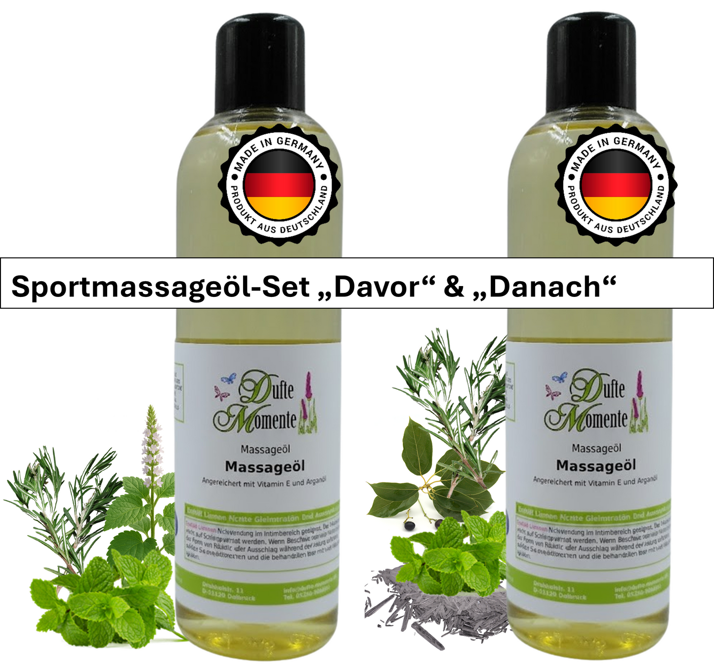 2 Flaschen Massageöl 250ml mit visualisierten Bestandteilen und Duftbanner